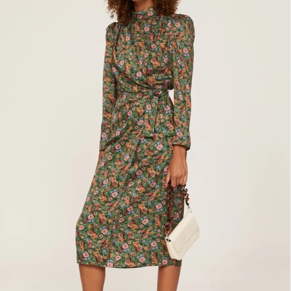 Sandro Womens Lueur Green Floral Long Sleeve Wrap Midi Dress 36/S - Picture 1 of 14